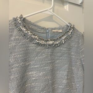 Light Blue Tweed Dress with Pearl Details